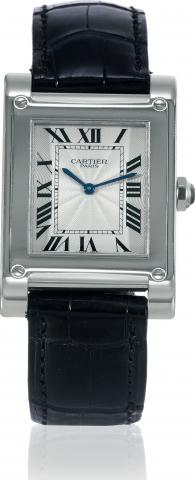 Tank a Vis.Cartier, Paris, Collection Priv_e, Tank a Vis, case No. 0252CE, Ref. 2609F. Sold in October 2006..Very fine, rectangular, water-resistant, 18K white gold wristwatch with an 18K white gold Cartier deployant clasp. Accompanied.by a certificate an