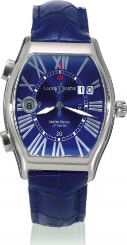 Michelangelo UTC Dual-Time Limited Edition.Ulysse Nardin, Le Locle, Swiss, Michelangelo Limited.Edition, No. 040, Ref. 220-11. Made circa 2005..Fine, heavy, two-time-zone, curved tonneau-shaped, selfwinding.water-resistant, 18K white gold wristwatch with 
