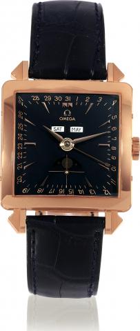 1951 Cosmic.Omega, Cosmic, No. 0603/1951, case No. 57913150.Ref. BG 156.2001. Collector`s Series Number Two from the.Museum Collection. Made in 2001, sold on April 30, 2002..Fine and rare, square, self-winding, water-resistant, 18K pink.gold wristwatch wi