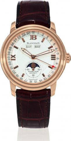 Blancpain, 2100 Moon Phase Calendar, No. 128/250.Ref. 2763. Made in a limited edition of 250 pieces in.1999..Very fine, self-winding, water-resistant, 18K pink gold wristwatch.with triple date calendar, moon phases, 100 hours powerreserve.and an 18K pink 