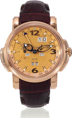 GMT Perpetual Calendar.Ulysse Nardin, Perpetual Calendar - GMT, movement.No. 32163287, No. 129, Ref. 322-66. Made in 2006, sold on.March 30th, 2007..Fine, large, self-winding, water-resistant, two time zone, 18K.pink gold wristwatch with perpetual calenda