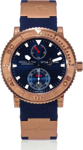 Big Blue.Ulysse Nardin, Marine Chronometer.Officially Certified, No. 017/350.Ref. 266-58. Made in a limited edition of.350 examples in 2003..Fine and rare, self-winding, water-resistant.18K pink gold chronometer diver