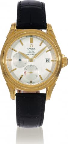 DeVille Co-Axial.Omega DeVille Co-Axial R_serve de Marche, Automatic.Chronometer, case No. 80095288, Ref. 46323031..Made in 2001, sold on October 3rd, 2001..Fine, self-winding, water-resistant, 18K yellow gold wristwatch.with date, 44-hour power reserve a
