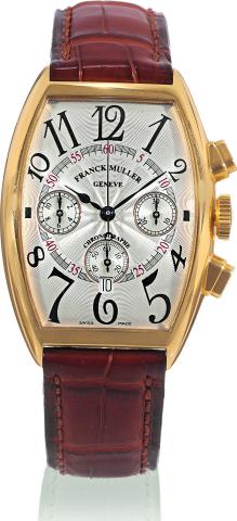 Casablanca Chronograph.Franck Muller, Geneve, Casablanca.Chronograph, case No. 58, Ref..5850 CC AT. Made circa 2005..Fine, tonneau-shaped, self-winding, waterresistant.18K yellow gold wristwatch, olive.shaped button chronograph, registers.date and an 18K 