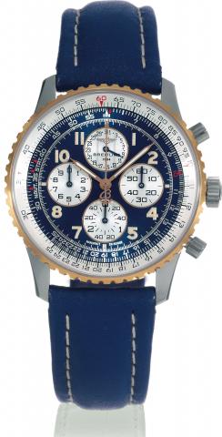 Breitling, 1884, Navitimer, case.No. 0194, Ref. D33030. Made in.the 1990s..Fine, self-winding, water-resistant, stainless.steel and yellow gold wristwatch with.round button chronograph, registers, date.slide rule and a stainless steel Breitling.buckle..To