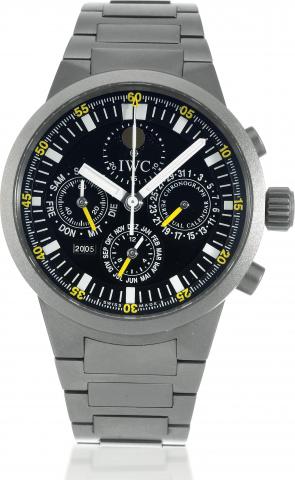 GST Perpetual Calendar.International Watch Co., Schaffhausen, GST - Chronograph Perpetual Calendar, case No. 2834765, Ref. 3756..Sold on November 23rd, 2001..Fine, self-winding, water-resistant, titanium wristwatch with round button chronograph, registers