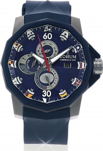 Admiral's Cup - Tides.Corum, Automatic,Admiral's Cup Tides, case No..2111632, Ref. 01.0005. Made circa 2005..Fine and unusual, large, dodecagonal, astronomic, centerseconds.self-winding, water-resistant, titanium and blue rubber.wristwatch with high and l