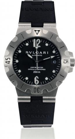 Scuba.Bulgari Sports, Scuba, Chronometer Officially Certified.200m, No. D 30106, Ref. SD 38S. Made circa 2000..Fine, center seconds, self-winding, water-resistant stainless steel.diver's wristwatch with date, rubber strap with reinforced.carbon fiber hing