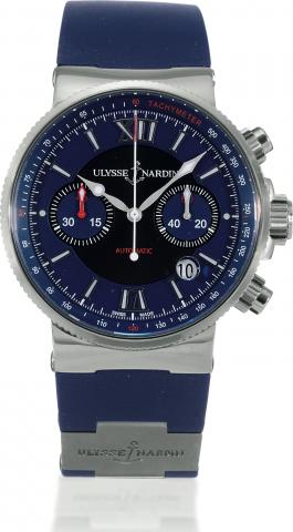 Maxi Marine Chronograph.Ulysse Nardin, Maxi Marine Chronograph, Automatic, movement No. 162619, case No. 0144, Ref. 353-66. Made.circa 2006..Fine, water-resistant, self-winding stainless steel wristwatch with round button chronograph, register, date, tach