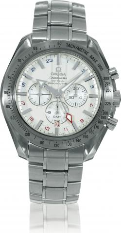 Broad Arrow GMT.Omega, Speedmaster Co-Axial Chronometer, GMT, case No.78081336, Ref. 35813000. Sold on February 3, 2006..Fine, water-resistant, self-winding, two-time zone, stainless steel chronometer wristwatch with round button chronograph, registers.ta