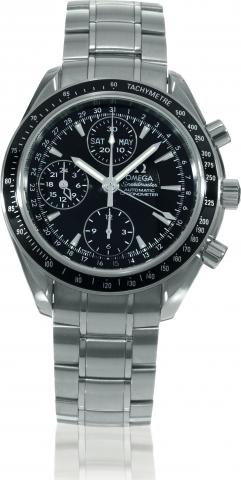 Speedmaster Day-Date.Omega Speedmaster Triple Date, Automatic, Chronometer, case No. 81637713, Ref. 32205000. Sold on July.14th, 2007..Fine, self-winding, water-resistant, stainless steel wristwatch with round button chronograph, registers, tachometer, 24