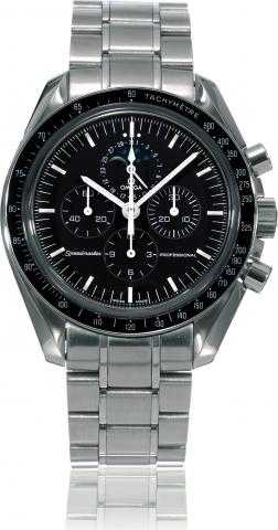 Speedmaster Moon Phase.Omega, Speedmaster Professional, movement and case No. 77126316, Ref.35765000. Sold on July 14, 2007..Fine, water-resistant, stainless steel wristwatch with round button chronograph, moon phases, date, registers, tachometer and.a st