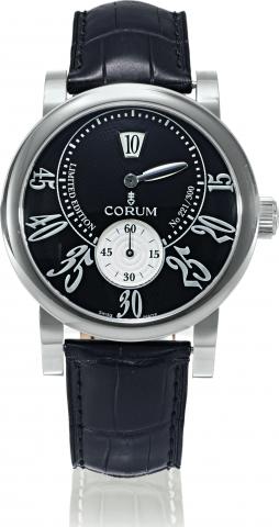 Grande Jump-Hour.Limited Edition.Corum, Grande Jump-Hour, No. 221/.300, Ref. 154.201.20. Made in a limited.edition of 300 pieces, circa 2002..Fine, large, water-resistant, wristwatch with.jump-hours and a stainless steel deployant.clasp..To be sold withou
