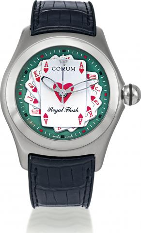 Royal Flush.Corum, Bubble _ Royal Flush.No. 1751885, Ref. 082.170.20. Made in a.limited edition in 2006..Fine and unusual, large and curved, selfwinding.water-resistant, stainless steel.wristwatch with center-seconds, thick.domed crystal creating a lens e