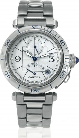 Pasha Power Reserve.Cartier, Pasha Automatic, case No. 63069CD, Ref. 2388. Made circa 2000..Fine, self-winding, water-resistant, center seconds, stainless steel wristwatch with date, a 24-hour dial for the second time-zone.power reserve sector and a stain