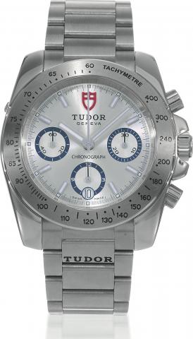 Ref. 20200, Chronograph.Tudor, Geneve, Chronograph, No. H735470, Ref. 20200. Sold September 29th, 2007..Fine, self-winding, water-resistant, stainless steel wristwatch with round button chronograph, registers, tachometer bezel, date and.a stainless steel 