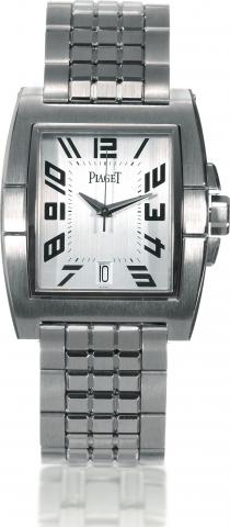 Upstream.Piaget, Upstream, No. 878018, Ref. 27050. Sold on February 13, 2002..Fine, stainless steel, tonneau-shaped, water-resistant, self-winding wristwatch with date, center-seconds and a stainless steel.Piaget bracelet with double deployant bezel clasp