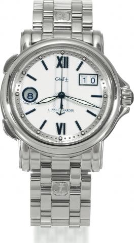San Marco GMT.Ulysse Nardin, San Marco- GMT, case No. 0411, Ref. 223-88. Made circa 2000..Fine, self-winding, water-resistant, center seconds, two time zone, stainless steel wristwatch with date and a stainless steel.Ulysse Nardin link bracelet with conce