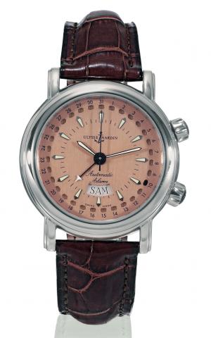 San Marco Alarm.Ulysse Nardin, San Marco Alarm, Automatic, case No. 1184, Ref. 603.77. Made circa 1998..Fine, self-winding, center seconds, two crowns, stainless steel wristwatch with alarm, day/date and a stainless steel Ulysse.Nardin buckle.