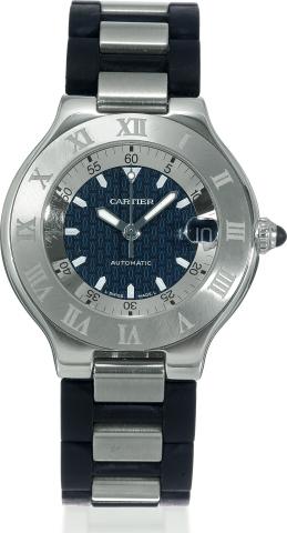 Cartier, Autoscaph 21, Automatic, case No..25648PL, Ref. 2427. Made circa 2000..Fine, water-resistant, self-winding, center seconds, stainless.steel wristwatch with date and a stainless steel and rubber.Cartier bracelet with a stainless steel deployant cl