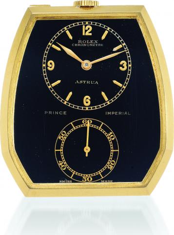 Ref. 1586, Yellow Gold Prince Imperial, Black Dial.for Astrua.Rolex, Prince Imperial Chronometre, Ref. 1586, movement.No. 1001051, case No. 1008587, retailed by Astrua (Torino)..Made in the 1940