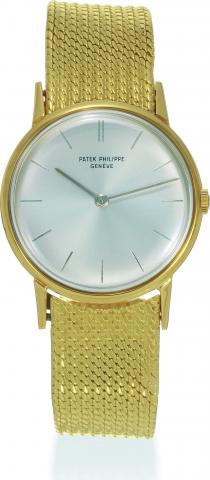 Yellow Gold, Ref. 3416.Patek Philippe, Geneva, movement.No. 785758, case No. 2616103, Ref..3416. Made in 1960, sold on January 3rd.1961..Fine 18K yellow gold wristwatch with an.18K yellow gold Patek Philippe woven.bracelet. Accompanied by the Extract.from