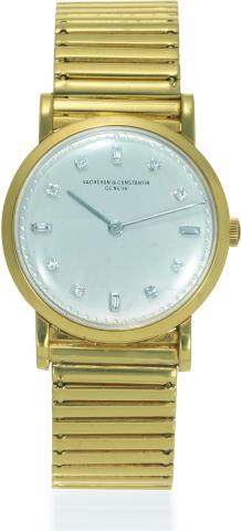 Yellow Gold and Diamonds.Ref. 4667.Vacheron Constantin, Geneve, movement.No. 502613, case No. 338101, Ref..4667. Made in 1953, sold on 1953..Very fine and rare, thin, 18K yellow gold.and diamond wristwatch with an 18K.yellow gold Vacheron Constantin tie
