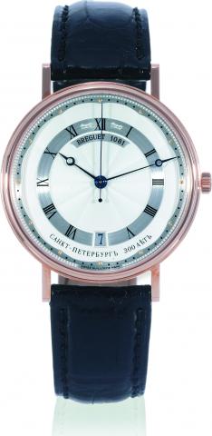 St. Petersburg.Breguet, St. Petersburg, No. 43/100, case No. 1081.Ref. 5933. Made in a limited series of 100 examples for the.Russian market, sold on June 14, 2004..Very fine, self-winding, center seconds, 18K pink gold wristwatch.with date and an 18K pin