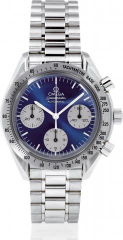 Omega, Speedmaster Automatic, No. 58440745, Ref. 35108200. Made circa 2003..Fine, self-winding, water-resistant, stainless steel wristwatch with round button chronograph, registers.tachometer and a stainless steel Omega link bracelet. Accompanied by the o
