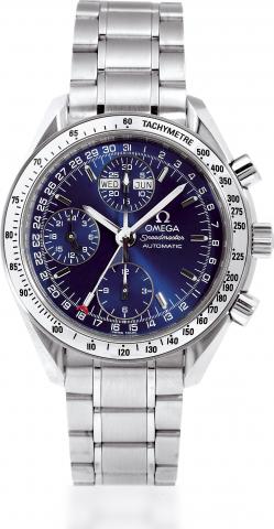 Speedmaster - Automatic, Triple Date.Omega, Speedmaster - Automatic, Triple Date, Ref. 35238000. Made circa 2000..Fine, self-winding, water-resistant, stainless steel wristwatch with round button chronograph, registers, triple.date, steel bezel with tacho