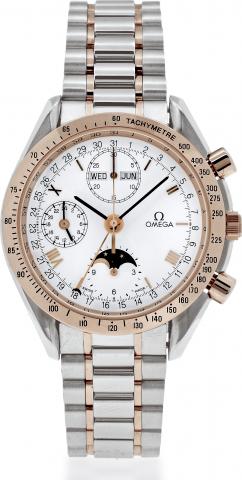 Automatic, Triple Date.Omega, Automatic, Triple Date, No. 53166989, Ref. 8251. Made circa 2003..Fine, self-winding, water-resistant, stainless steel and pink gold wristwatch with round button chronograph.registers, triple date, moon phases, pink gold beze