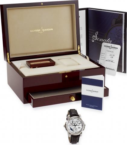 Sonata Cathedral Dual Time.Ulysse Nardin, Le Locle, Suisse, Sonata Cathedral Dual.Time, No. 283, Ref. 660-88. Made circa 2005. Production.of this reference started in 2003..Very fine, rare and unusual, center seconds, self-winding, waterresistant.two time