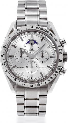 Omega, Speedmaster Professional, No. 77061056, Ref. 145.0055. Made circa 2003..Fine and rare, astronomic, water-resistant, stainless steel wristwatch with round button chronograph, date.moon phases, registers, steel bezel with tachometer graduated to 300 