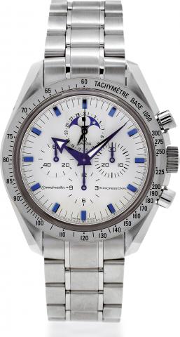 Omega, Speedmaster Professional, No. 77092353, Ref. 145.0055. Made circa 2003..Fine and rare, astronomic, water-resistant, stainless steel wristwatch with round button chronograph, date.moon phases, registers, steel bezel with tachometer graduated to 300 