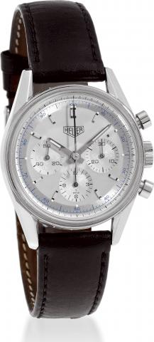 C. Two-body, polished, screwed-down case back, lapidated lugs..D. Silver with applied steel faceted baton indexes and luminous.dots, outer 1/5th seconds track, subsidiary guilloch_ dials for the.seconds, the 12-hour and 30-minute registers. Luminous steel