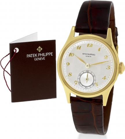 C. Two-body, solid, polished and brushed, screwed-down case.back, flat and lapidated bezel, concave lugs, dust cover over the.movement. D. Brushed silver with applied yellow gold Breguet.numerals, outer minute track, subsidiary seconds dial. Yellow gold.f