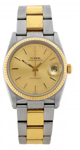 Prince _ Quartz.Tudor Oyster Date, Ref. 91533N, case made by Rolex, Geneva. Made in the 1990s..Fine, tonneau-shaped, center seconds, water-resistant, stainless steel and yellow gold wristwatch with date and an.integral stainless steel and yellow gold-plat