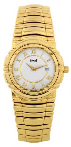 Tanagra.Piaget, Tanagra, Ref. No. 17041. Made in the late.1990s..Fine, water-resistant, 18K yellow gold quartzwristwatch with date.and an integral 18K yellow gold Tanagra link bracelet with double.deployant clasp.