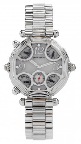 Grande et Petite Sonnerie.G_rald Genta, Geneva, Grande SonnerieNo. 1, caseNo. 71380, Ref. G 0027.7. A very fewexamplesmade.in 1996..Exceptionally fine, unique and important, self-winding, water-resistant platinum and diamond wristwatch with one.minute tou