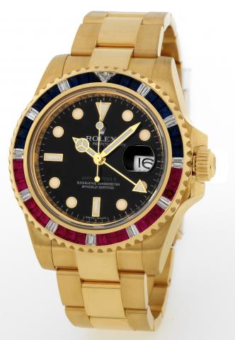 GMT Master II.Rolex Oyster Perpetual Date GMT Master II, Superlative Chronometer Officially Certified.Ref. 116748 SARU. Made in 2006..Very fine, two time zone, center seconds, self-winding, 18K yellow gold wristwatch with special 24 hour.hand, independent