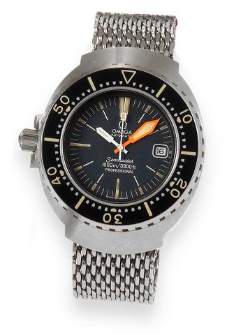 Seamaster 1000.Omega, Seamaster, 1000m/ 3300 ft, Professional, Automatic, Ref. ST 166.0093. Made circa 1971..Fine and rare, tonneau-shaped, center seconds, self-winding, water-resistant, stainless steel diver