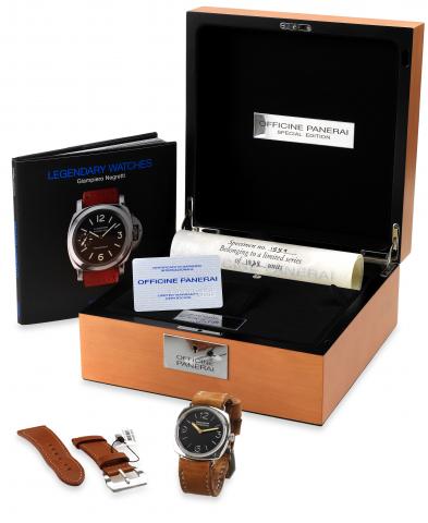 PAM 232.Officine Panerai, Firenze 1860, Radiomir 1938, No. I 1559/1938, case No. BB1225930, Ref. OP 6659. Made in a limited.edition of 1938 examples in 2006..Fine, large, cushion-shaped, water-resistant, stainless steel wristwatch with a stainless steel P