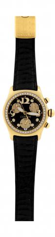 Bubble Chronograph.Corum Boutique, Bubble Chronograph, Ref..396.151.65. Made circa 2000..Fine and unusual, curved, water-resistant, 18K yellow gold and.diamond quartz wristwatch with date, round button chronograph.registers, thick domed crystal creating a