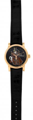 Les Chevaliers deMonfort.Corum, No. 16/50, Ref..982.202.55. Made in a.limited edition of 50 examples in the.2000s..Fine and unusual, center seconds, selfwinding.water-resistant, 18K pink goldwristwatch.with a white and pink gold deployant.clasp. Accompani