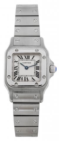 Stainless Steel Santos.Cartier, Ref. 1565. Made in the 1990s..Fine, square curved,water-resistant, stainless steel lady