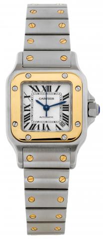 Santos.Cartier, Santos, Automatic, Ref. 2423. Made in the 1990s..Fine, square, center seconds, self-winding, water-resistant, 18K yellow gold and stainless steel lady