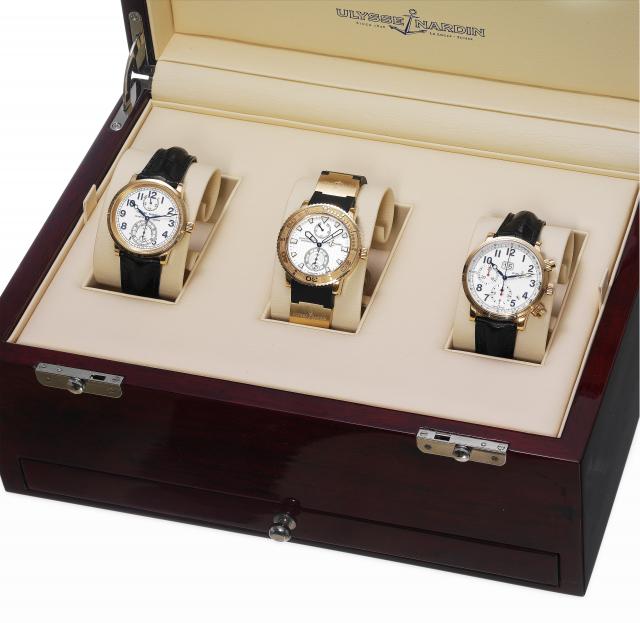 Christofer Columbus Set No. 6.Ulysse Nardin, Le Locle, Christopher Columbus Set.No. 6, set of three 18K pink gold wristwatches. Made.in a limited edition of 25 pieces circa 2000. Accompanied by a.fitted mahogany box, certificates, COSC certificates and bo