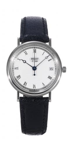 Breguet, Automatic, No. 1688, Ref. 5910. Made circa 1999..Very fine and elegant, self-winding, center seconds, 18K white gold wristwatch with date and an 18K white gold Breguet.buckle. Accompanied by a box and certificate.