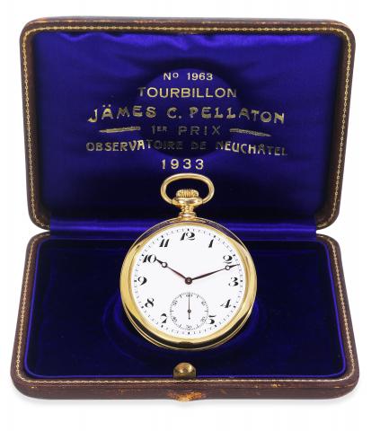 Pellaton One-Minute Tourbillon.James C. Pellaton, Le Locle, No. 1963, Premier Prix Observatoire de Neuchatel 1933..Exceptionally fine and important, 18K gold, keyless pocket chronometer with one-minute tourbillon regulator adjusted by Jeanmairet.Le Locle 
