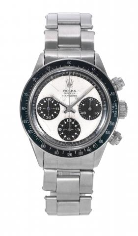 Stainless Steel, Ref. 6240 Paul Newman.Rolex, Oyster Cosmograph, case No. 1206072, Ref. 6240. Made circa 1965..Very fine and rare, water-resistant, stainless steel wristwatch with round button chronograph, registers, tachometer, anti-reflective black.beze